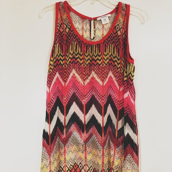 Vintage Carven Silk Chiffon Pink Print Knit Trim Long Sleeveless Top Oversized - Picture 3 of 12